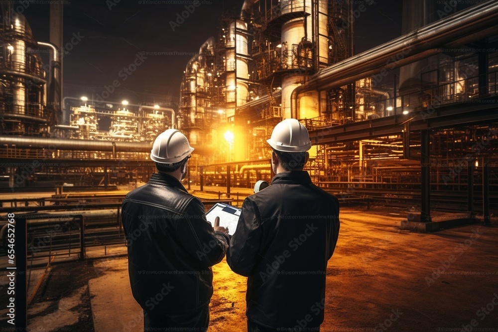 Leinwandbilder generative ai : two heavy industry engineers stand in pipe manufacturing factory, use digital tablet
