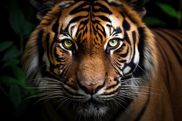 Fototapeta premium Generative AI : Bengal tiger face with eyes looking at the nature of the beast.