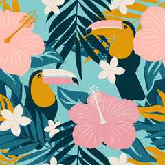 Collage with toucans modern hibiscus flowers, plumeria and leaves form a seamless pattern. Exotic design for wrapping paper, fabric. 