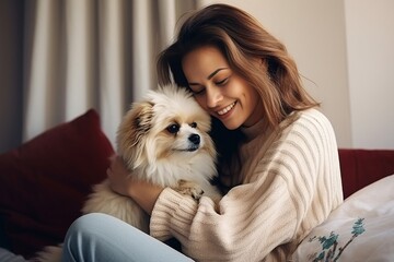 Generative AI : Cheerful woman in casual clothes spending her free time on vacation playing with cute pet at home.