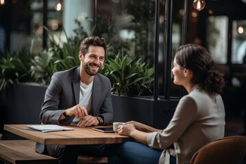 Generative AI : A confident and handsome young man is interviewing a female candidate for a job. They are sitting together in a table at a trendy coworking space. He is smiling and having a relaxed co