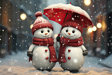 the christmas card with snowmen holding an umbrella in the snow