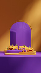 3d render scene mockup purple and yellow podium in portrait gift box and jack o' lantern
