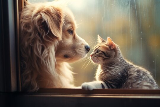 Generative AI : Dog and cat as best friends, looking out the window together