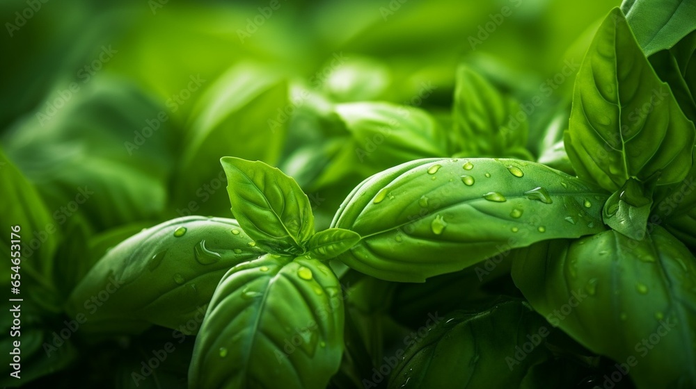 Aufkleber generative ai : close up of fresh green basil leaf