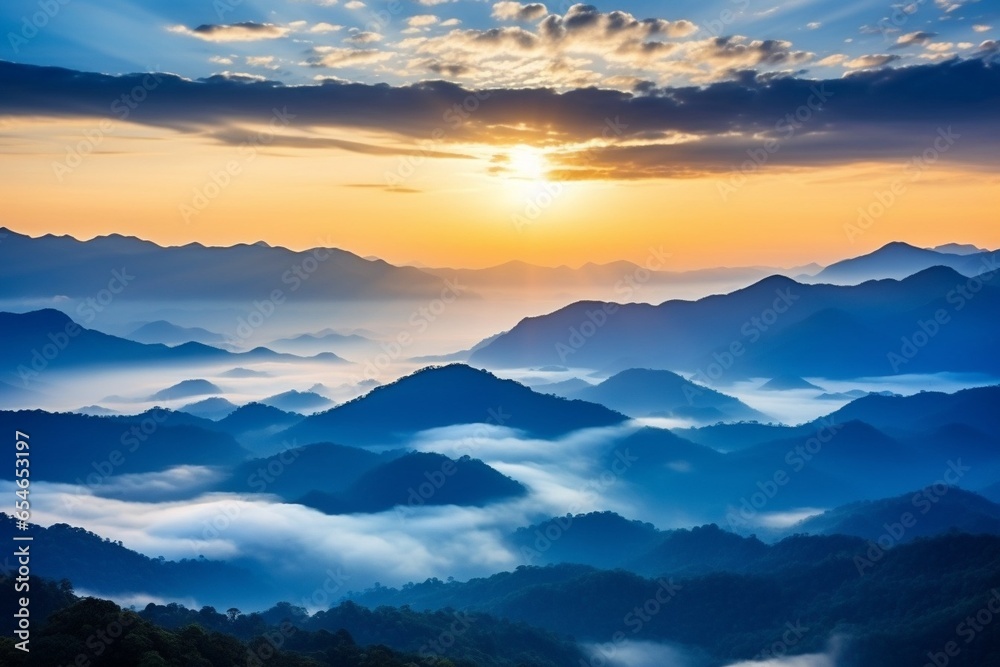 Aufkleber generative ai : beautiful mountain layer with clouds and sunrise at chiang mai in thailand