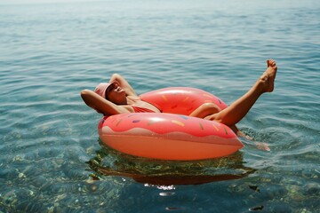 Summer vacation woman in hat floats on an inflatable donut mattress. Happy woman relaxing and enjoying family summer travel holidays travel on the sea.