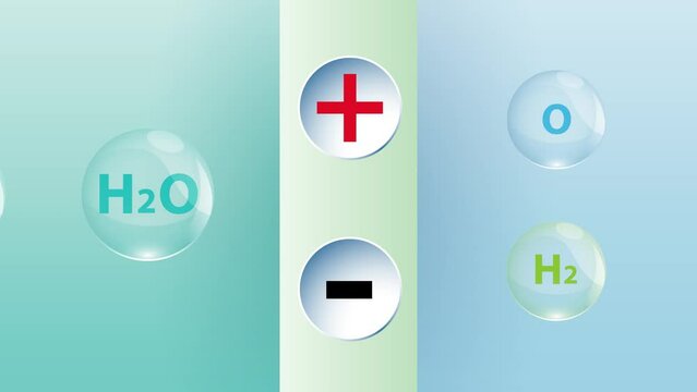 Renewable energy. Green hydrogen production plant. Simple animated cartoon with split chemical elements