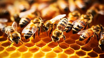 Generative AI : Beautiful honeycomb with bees close-up. A swarm of bees crawls through the combs collecting honey. Beekeeping, wholesome food for health.