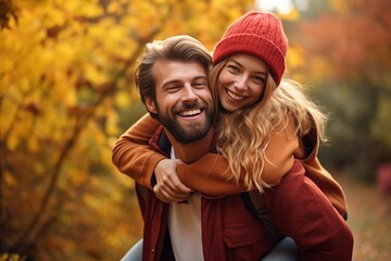Generative AI : Portrait Of Happy Loving Couple With Man Giving Woman Piggyback As They Hug In Autumn Park Together