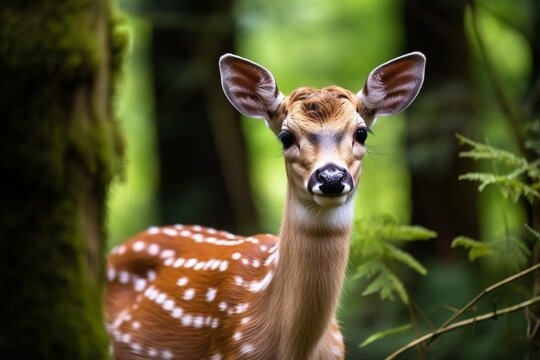 Generative AI : Head close-up of a female fallow deer against green background