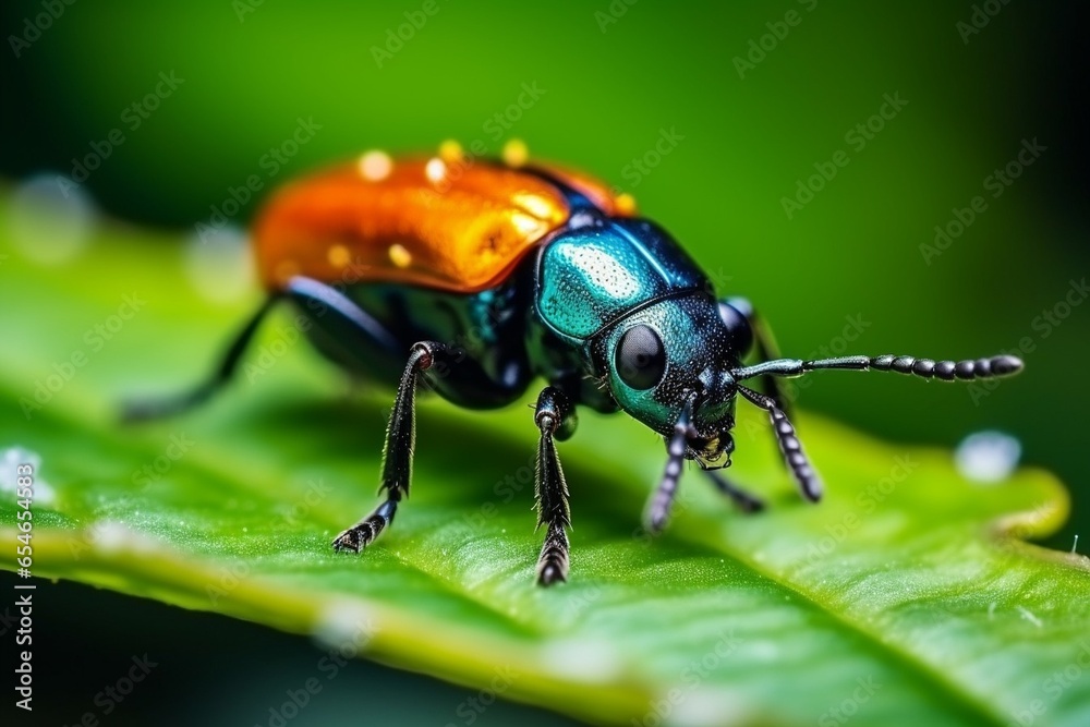 Poster generative ai : close up a shining flea beetle, asphaera lustrans on green leaf and natrue blurred b