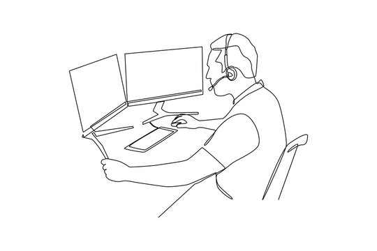 Continuous one line drawing Customer service is constantly meeting with costumer by laptop. Marketing Concept. Single line draw design vector graphic illustration.