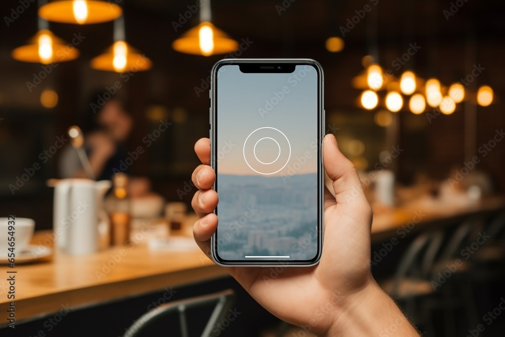 Poster generative ai : back view close-up of young guy holding modern smartphone with mockup beside laptop 