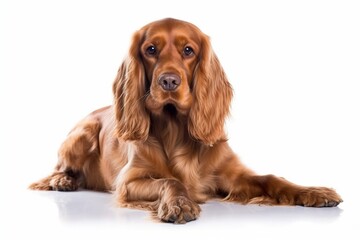 Generative AI : English cocker spaniel dog sitting and waiting command, isolated on white background.