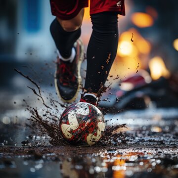 A person dribbles a ball with his feet on a muddy and dirty field by running over obstacles, great for sports, websites, news, backgrounds and business. Generative Ai image