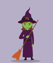 girl at Halloween party vector illustration. Girl in purple witch halloween costume with big hat. Cartoon realistic people illustration at halloween festival