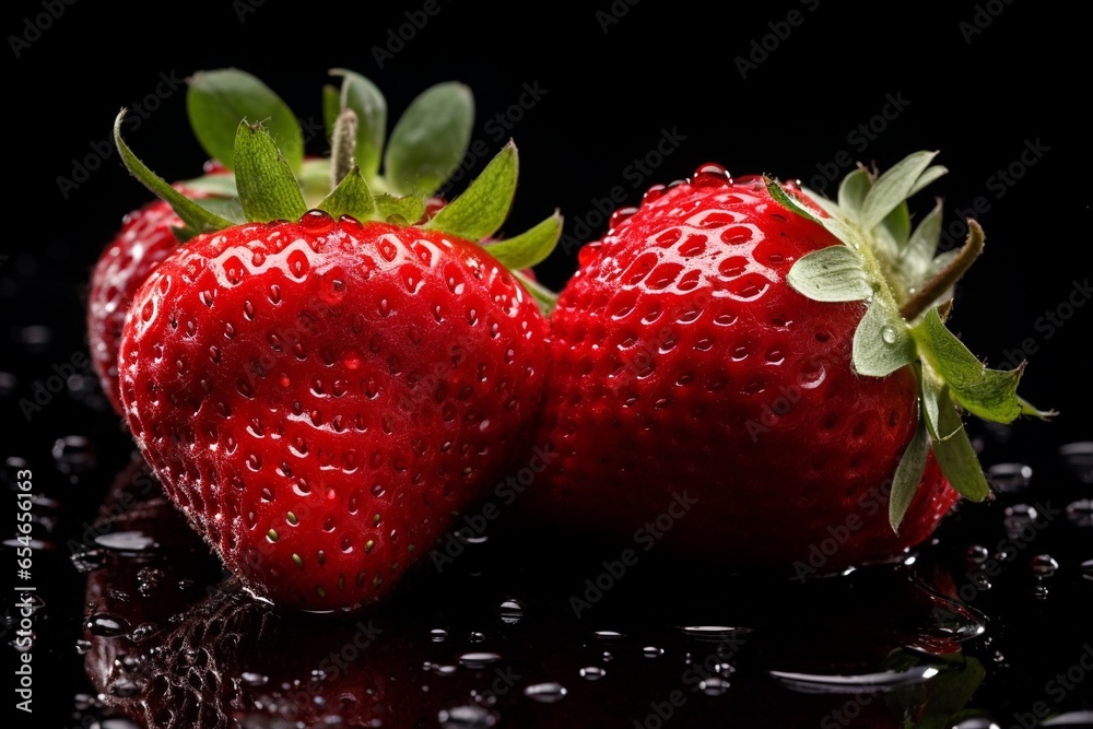 Poster generative ai : close up of clean red strawberries with water drop in dark black background. fresh f