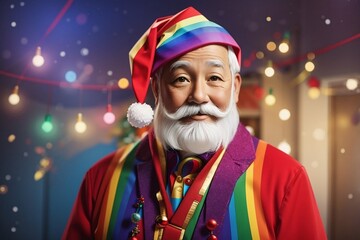 portrait of a old person wearing a rainbow themed santa claus uniform and hat  
