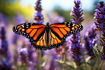 Obraz premium Generative AI : Monarch Butterfly on the Lavender in Garden.