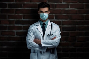 Generative AI : Studio dark portrait of young doctor man wearing PPE suit against coronavirus and covid-19. Background of black brick wall.