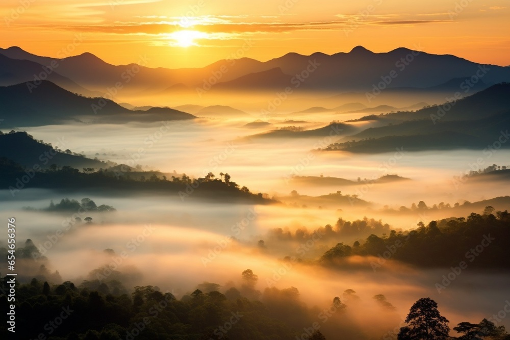 Poster generative ai : beautiful mountain layer with clouds and sunrise at chiang mai in thailand