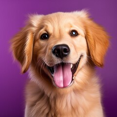 Generative AI : Beautiful golden retriever puppy dog isolated on Purple background. dog studio portrait.front view. standing and facing . indoors. looking at camera. Tongue out. Dog Face CloseUp.