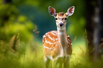 Obraz premium Generative AI : Head close-up of a female fallow deer against green background