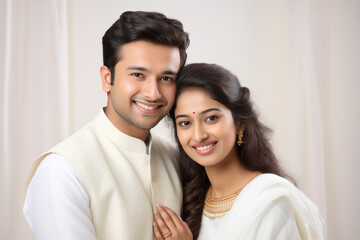 Indian couple hugging to each other and smiling on white background.