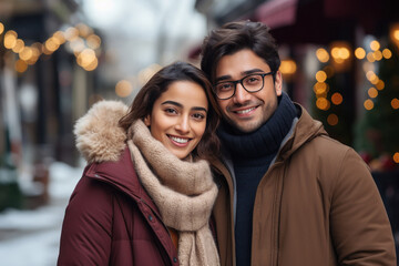 Young indian couple in warm sweater or woolen winter cloths - obrazy, fototapety, plakaty