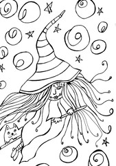 LITTLE WITCH ILLUSTRATION, LINEAR WITHOUT BACKGROUND, CHILDREN, WITCHING NIGHT