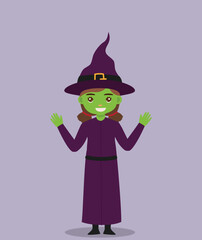 girl at Halloween party vector illustration. Girl in purple witch halloween costume with big hat. Cartoon realistic people illustration at halloween festival