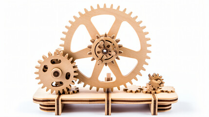 Wooden transmission mechanism with gear wheel isolated on white background
