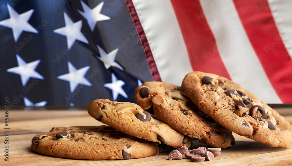 Wall mural chocolate chip cookies next to an american flag against a wooden background