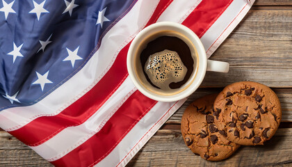 Chocolate chip cookies and a cup of coffee next to an American flag against a wooden background