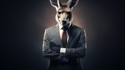 3D kangaroo in business suit with a human body looking