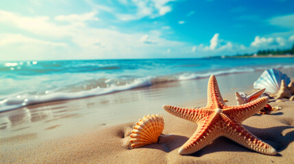 Fototapeta na wymiar Starfish and seashells on the sandy beach near the sea