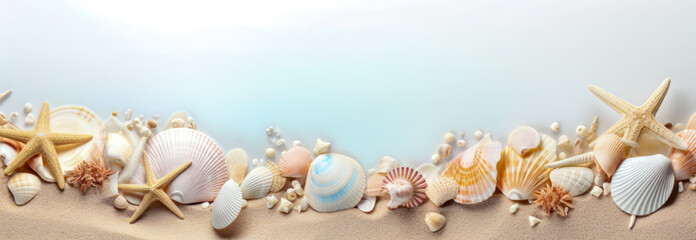 Starfish and seashells on the sandy beach near the sea