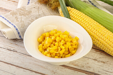 Canned yellow corn in the bowl