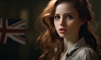 Photo of a woman with red hair against a backdrop of the British flag