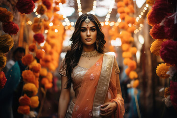 Indian bride in traditional wear and jewelery standing at temple