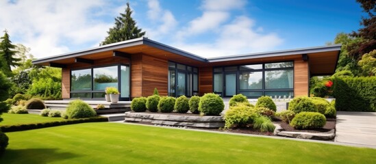 Fototapeta premium Contemporary home with cedar flat roof large windows blue sky and green landscape