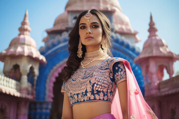 Indian bride in design lehenga choli and jewelery.