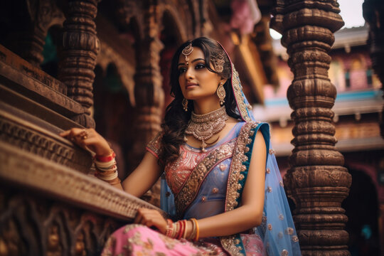 Indian bride in design lehenga choli and jewelery.