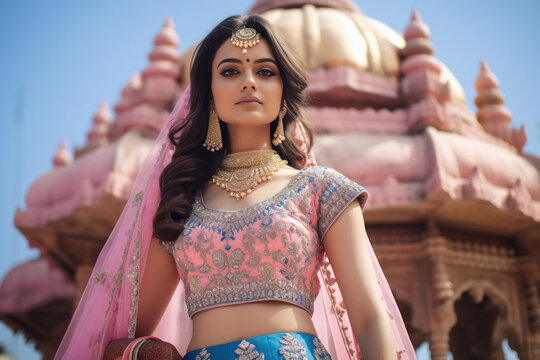 Indian bride in design lehenga choli and jewelery.
