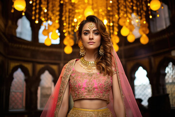 Indian bride in traditional wear and jewelery standing at temple