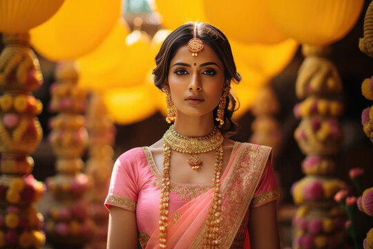 Indian bride in traditional wear and jewelery standing at temple
