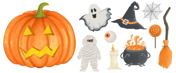 set of halloween pumpkins. halloween set. Hand drawn elements on white background isolated.