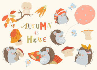 Cartoon Set with Cute Hedgehogs, Mushrooms and Colorful Autumnal Leaves