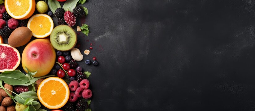 Top view of organic fruits vegetables nuts seeds blending on a black chalkboard Vegan detox clean eating concept